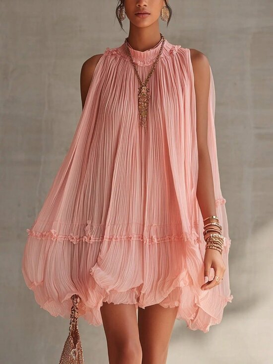 Dresses & Skirts - Pink Casual Women's Sleeveless Pleated A-Line Babydoll Short Dress
